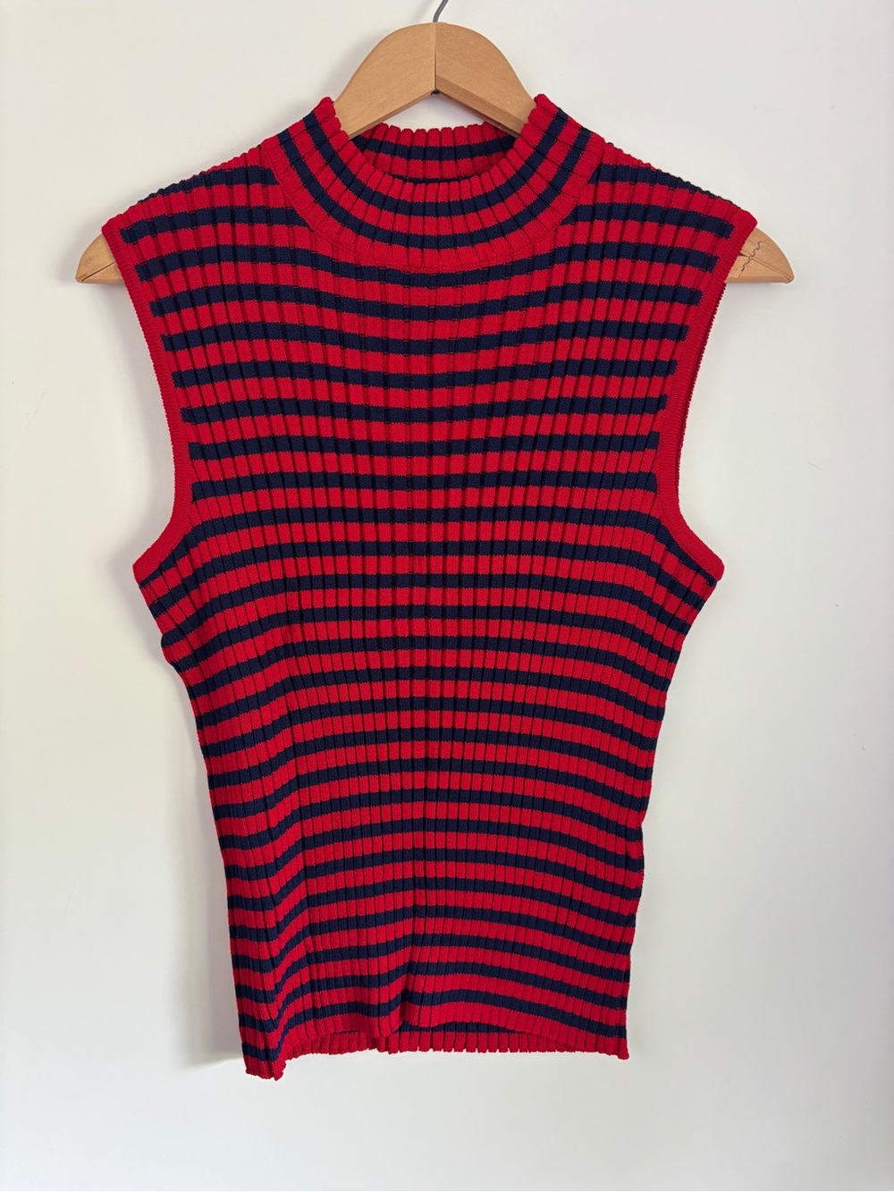 St. John Sport by Marie Gray Sleeveless Mock Neck Ribbed Tank Red & Navy Stripes